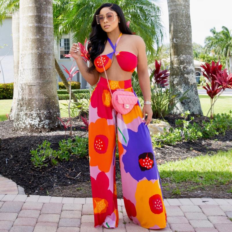 

Women' Two Piece Pants Sets Design Flowers Printed Sense Topsexy Tube Top Backless Suit Wide Leg Beach Vacation Casual Summer 2022Women, Red