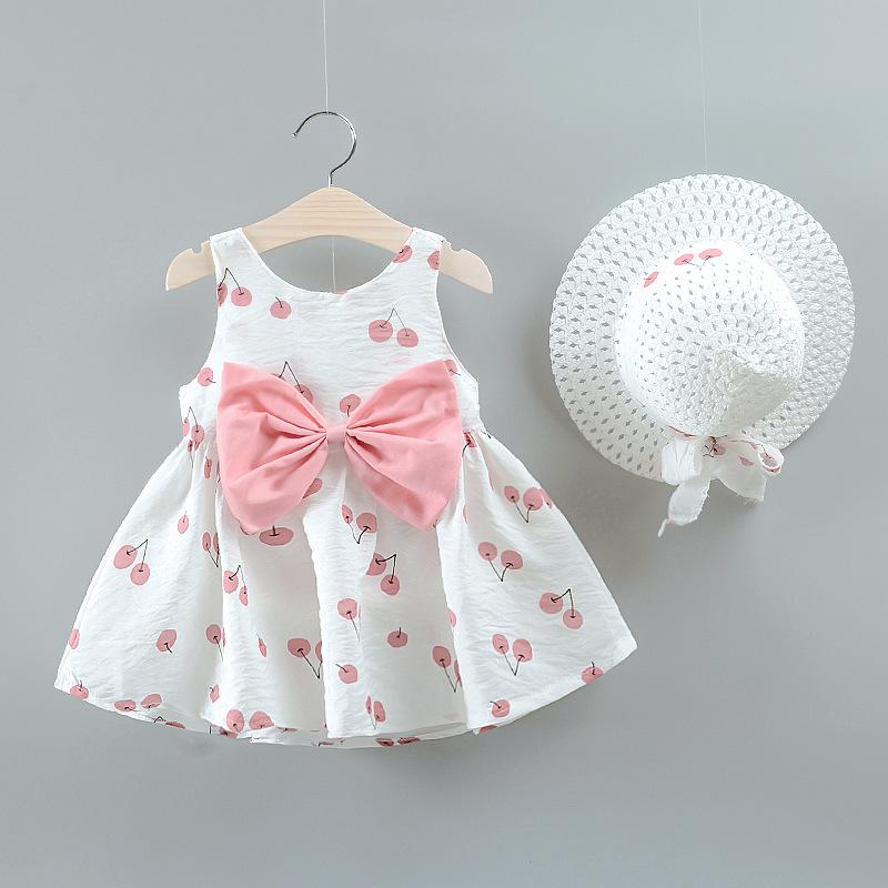 

Girl's Dresses Children'S Summer Baby Girls Sleeveless Cherry Dot Big Bow Print Floral Dress Princess Skirt With Hat Clothes, White cherry