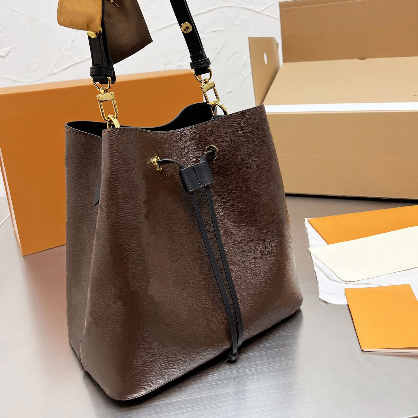 

Crafty NeoNoe bucket bag shoulder bags Luxury print letters embossed leather drawstring Removable adjustable strap women handbag X4sC#, Other bags