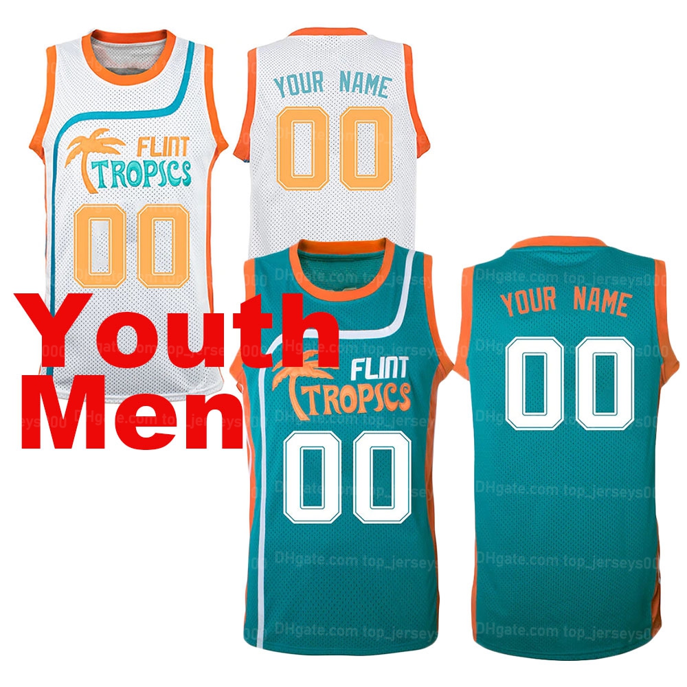 

Custom Men Youth Kids Flint Tropics Semi Pro Movie Basketball Jersey Stitched White Green Any Name Number Personalise Top Quality