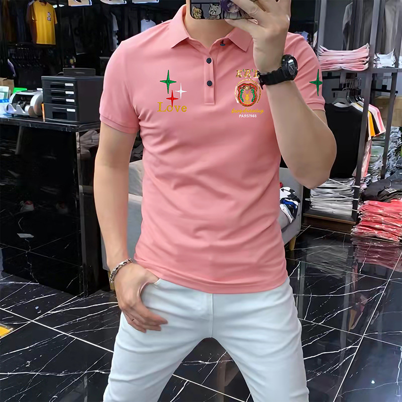 Summer New Men's Polo Shirt Heavy Craft Embroidery Love Letter Design Western Popular Cotton Blending Short Sleeve Led Polos Top Pink Black