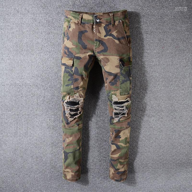 

Men' Jeans Men Spring Pocket Stitching Ripped Cargo Trousers Streetwear Vintage Overalls Elastic Denim Camouflage Pencil Pants Heat22