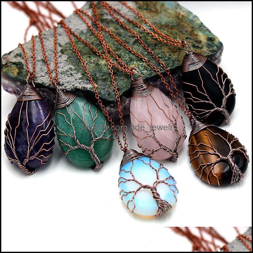 

Pendant Necklaces Tree Of Life Waterdrop Natural Healing Stone Crystal Necklace Pink Rose Quartz Chakras For Gift Jewelr Dhseller2010 Dhpgv