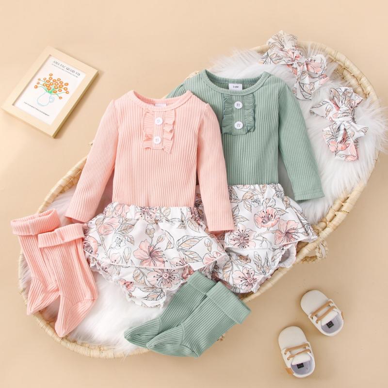 

Clothing Sets Baby Girls Outfit Clothes Autumn Spring Knit Long Sleeve Romper+Floral Print Shorts+Headband Infant Girl Set