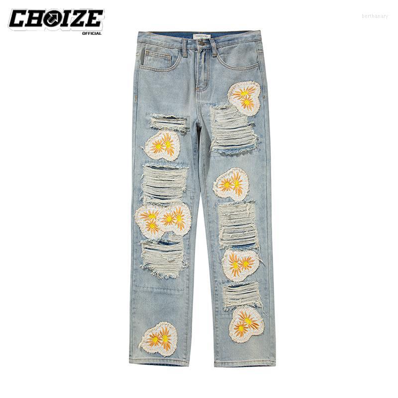 

Men's Jeans Fashion Patch Embroidery Denim Pants Mens High Street Ripped Distressed Straight-leg Streetwear Casual Trousers MenMen's Bert22, T79-blue