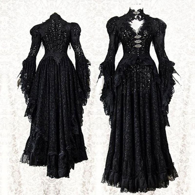 

Casual Dresses Gothic Lace Dress Women Medieval Ball Gowns Retro Vintage Halloween Cosplay Black Floor-length Fashion S-5XL, Black;gray