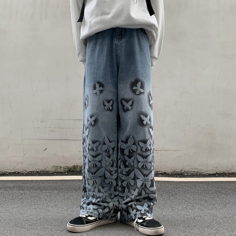 

Men's Jeans Harajuku Butterfly Print Men Women Pants Baggy Casual Denim Fashion Loose Unisex Trousers Men's ClothingMen's, Blue