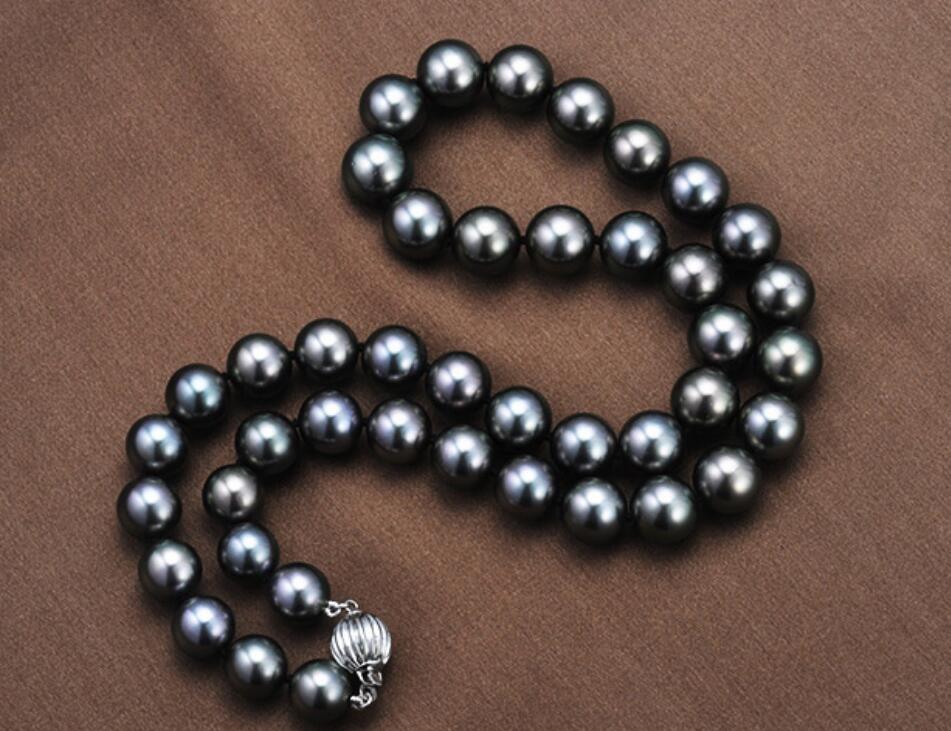 Véritables bijoux en perles fines 18 "9.5-10.5MM COLLIER DE PERLES NOIRES NATURELLES DE TAHITIEN ROND PARFAIT