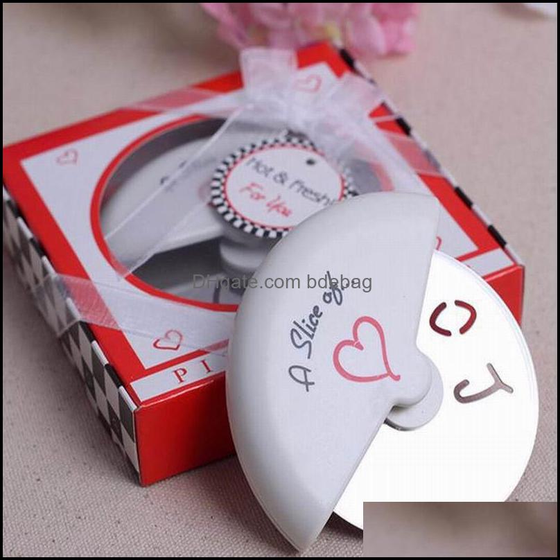 

100 Pcs "A Slice Of Love" Stainless Steel Pizza Cutter In Miniature Box Wedding Favors And Gifts For Guest Drop Delivery 2021 Cake Tools Bak