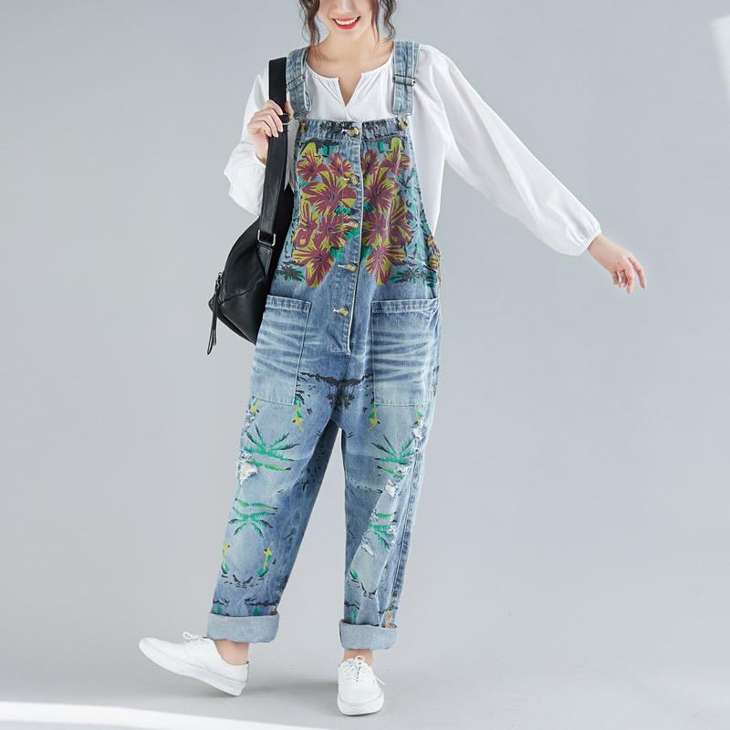 Women's Jumpsuits & Rompers Baggy Denim Overalls For Women Print Bib Suspenders Jean Pants Large Size Cowboy Wide Leg