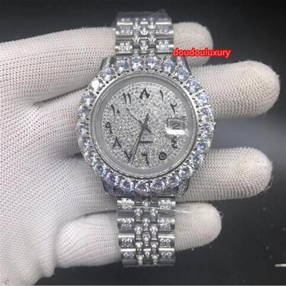 Prong Set Diamond Men's Fashion Watch Diamond en acier inoxydable Boutique Watch Arabe Digital Scale Calendar Automatic Mechanic294V