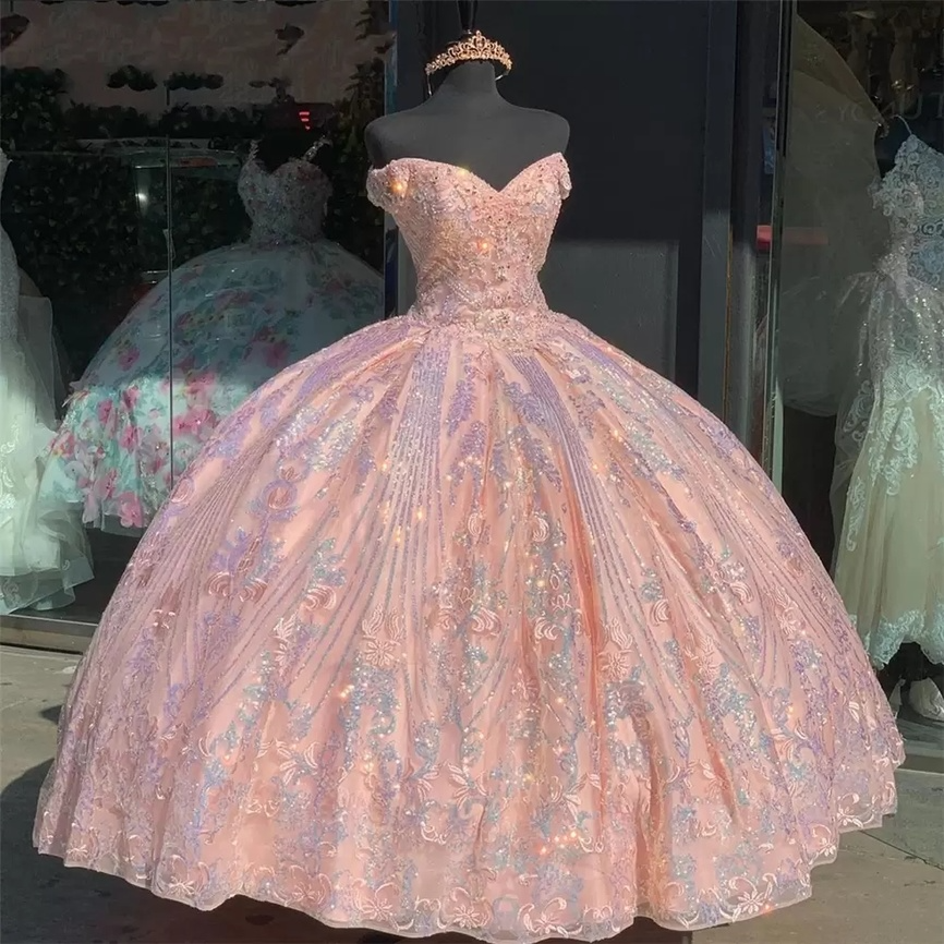 Robe à balle rose brillant 16 robes quinceanera paillettes perlées sans manches vestido de 15 anos quinceanera 2022 b0702