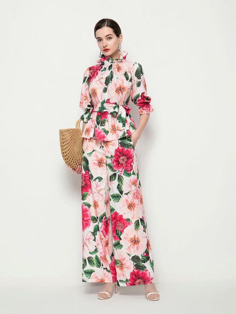 

Women' Two Piece Pants Three-quarter Sleeves Lotus Leaf Collar Waist Tie Top Rose Flower Print Loose Trousers 2022 Spring And Summer Fashio, Mixed color