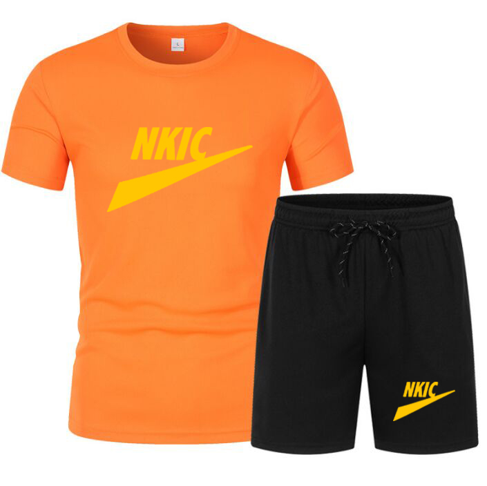 

Summer 100% Cotton Tshirt Shorts 2 Pieces Set White Tracksuit Men's Brand LOGO Print Streetwear High Quality Men Sets Short Outfits, Orange