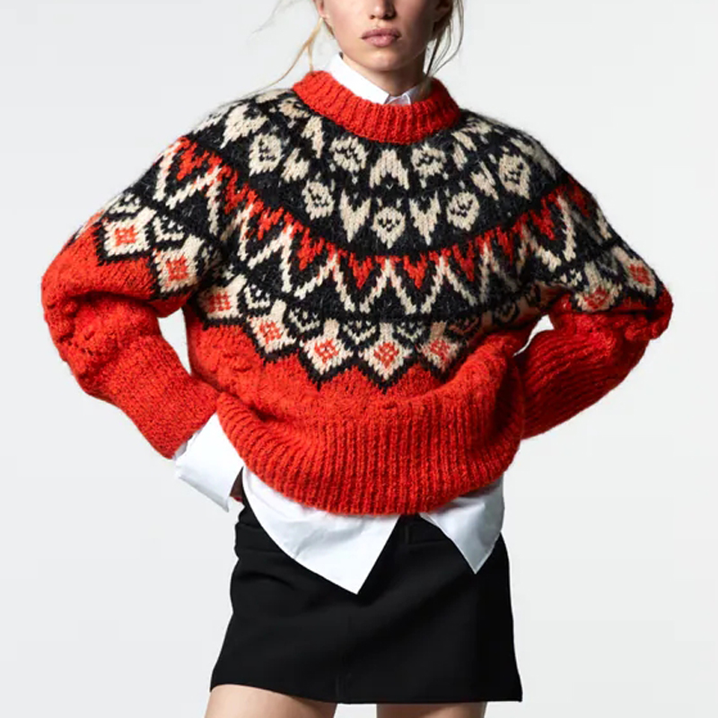 

Loose Knitted Jumper Outwear Women Long Sleeve Oversize Sweater Cardigans Vintage Argyle Embroidery Fall Sweaters 2022, Red