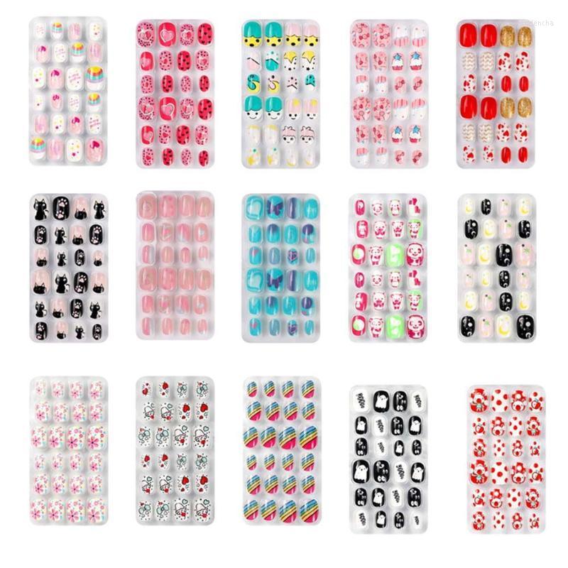 

False Nails 24Pcs/Set Kids Short Square Fake Cute Cartoon Style Press On Full Cover Stick Children Girls Gif Prud22, 06