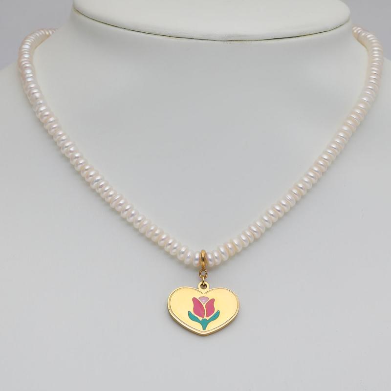 

Pendant Necklaces Simple Pearl Heart Tuilp Necklace Stainless Steel 18K Gold Plated Jewellery For Women Freshwater ChokerPendant