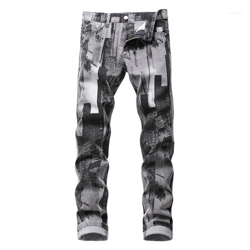 

Men's Jeans Fashion Gray Pattern Printed Slim Traight Stretch Denim Pants