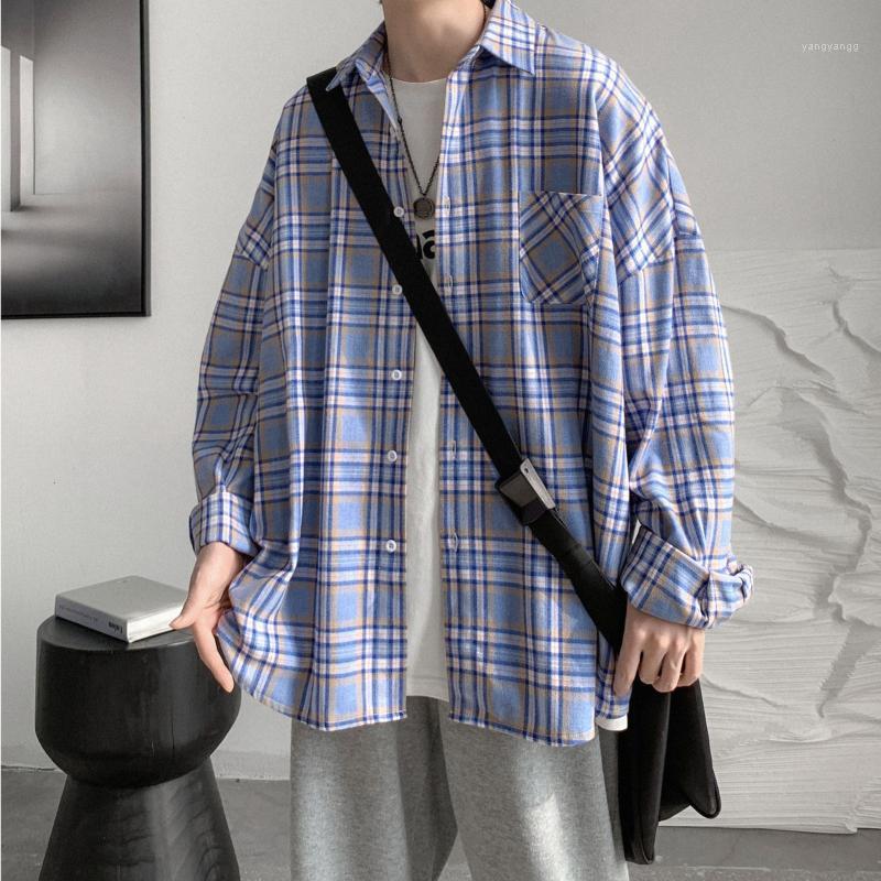 

Men's Casual Shirts INXYZ 2022 Korean Fashion Streetwear Plaid Shirt Simple Oversize Cardigan Women's Spring Autumn Loose Coat, Blue