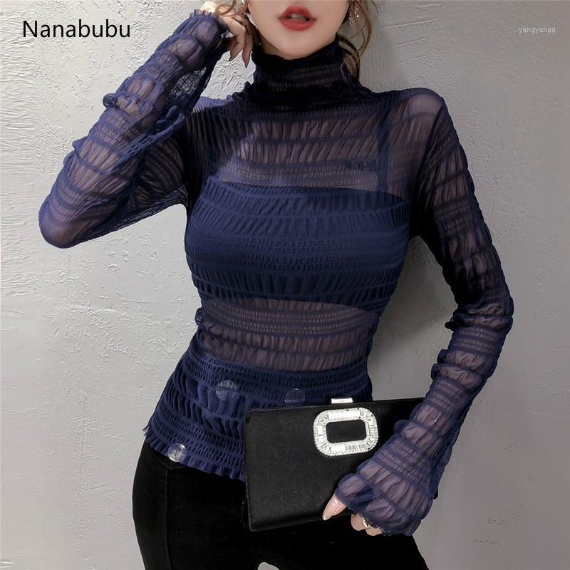 

Nanabubu Sexy Women Blouses See Through Transparent Mesh Turtleneck Long Sleeve Sheer Blouse Shirt Ladies Tops Tee Elegant Fold Women' & Sh, Beige