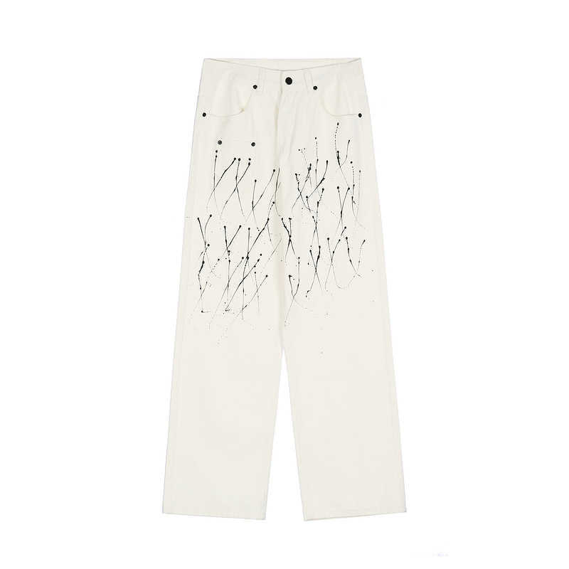 

Men' Jeans High street loose print splash jeans, D1063 white