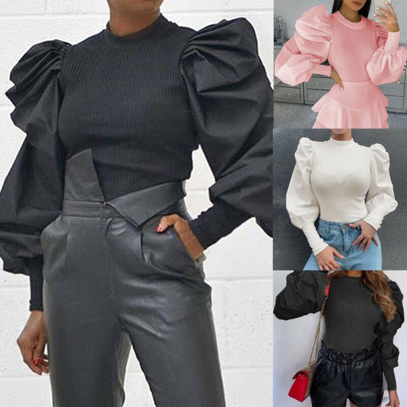 

Women Long Puff Sleeve Blouse Tops Fashion Knit Solid Slim Fit Pullover High Street Wear Plus Size Women' Blouses & Shirts, Pink