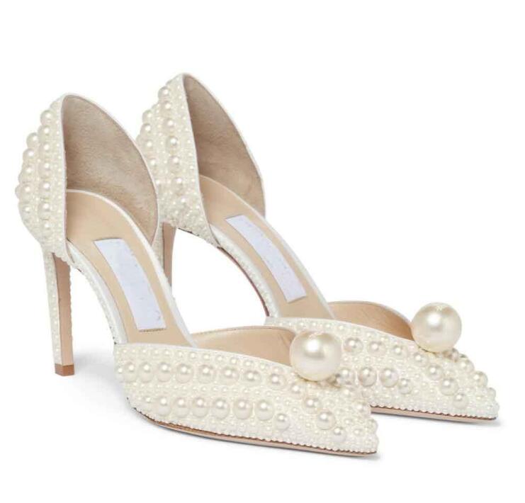 

2022Sandals Shoes For Wedding High Heels White Pearls Leather Ankle Strap Peep Toe Elegant Lady Pumps35--40