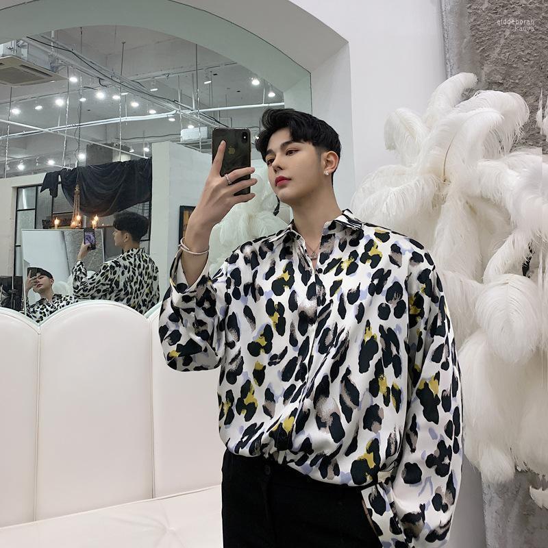 

College Style Leopard Unique Design Shirts Men Casual Loose Lantern Sleeve Personality Splicing Stage Costumes Men's Dress Eldd22, Mixed