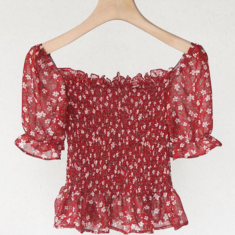 

Women's Blouses & Shirts 2022 Summer Chiffon Blouse Floral Print Slash Neck Short Tops Ruffles Elegant Elastic Casual Blusas Mujer, Purple