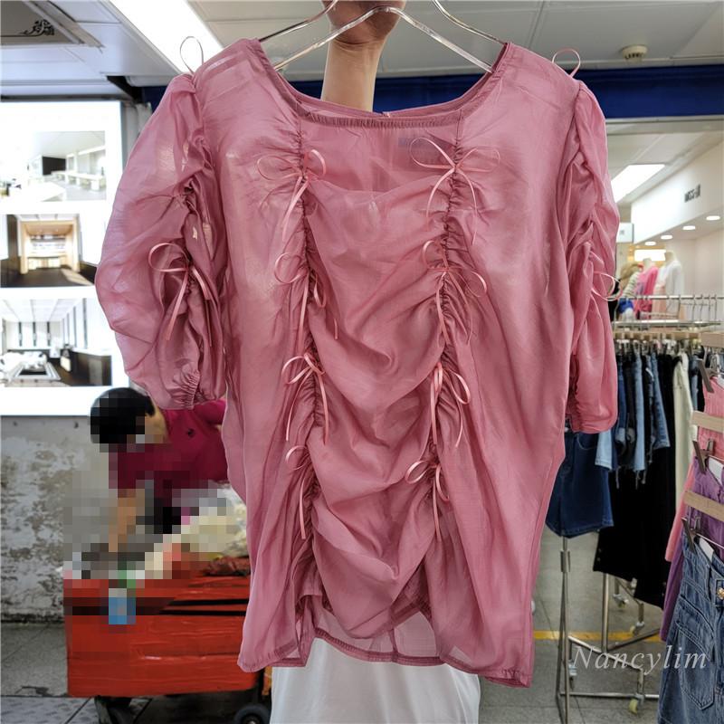 

Women's Blouses & Shirts Puff Sleeve Three-Dimensional Bow Pleated Shirt For Women 2022 Summer Short Small Temperament Top Casual Blusas Pul, White