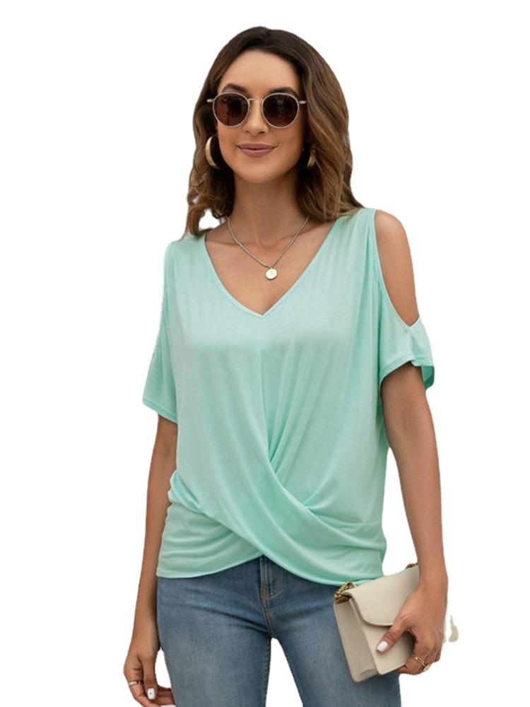 

Women' T-Shirt Fashion Solid Off Shoulder Twist Front Hem Irregular Top Tees Women V-neck Short Sleeve Casual Tops Summer Loose TShirtWomen, White