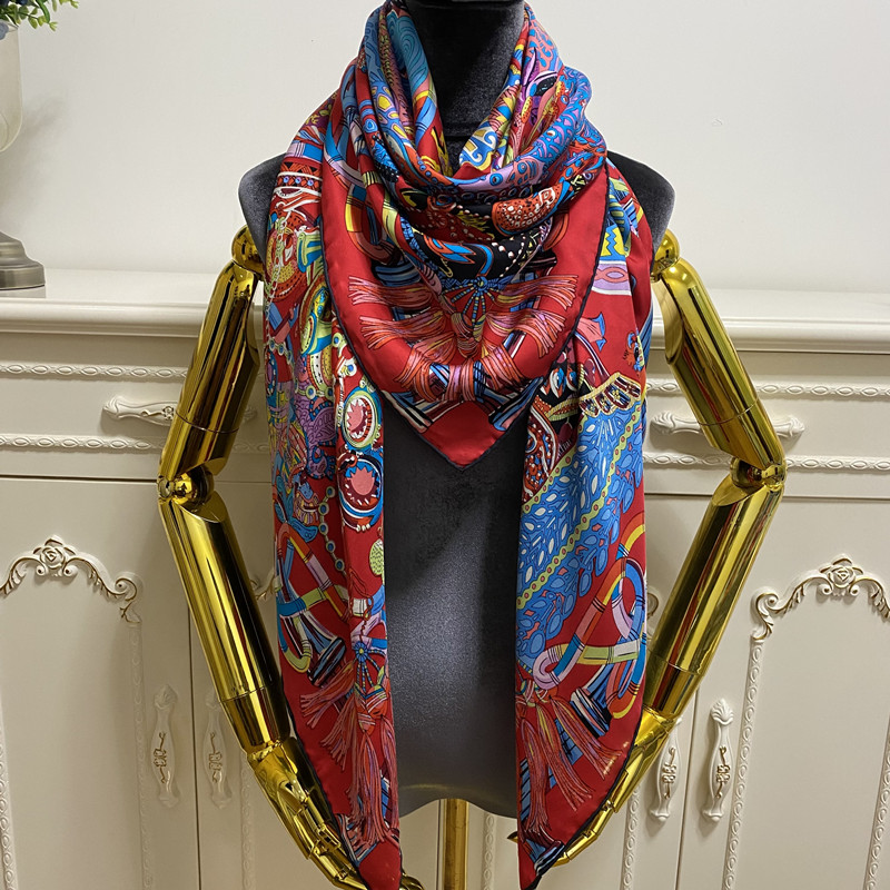 

Women's square scarf shawl good quality 100% twill silk material thin and soft red color pint pattern size 130cm- 130cm