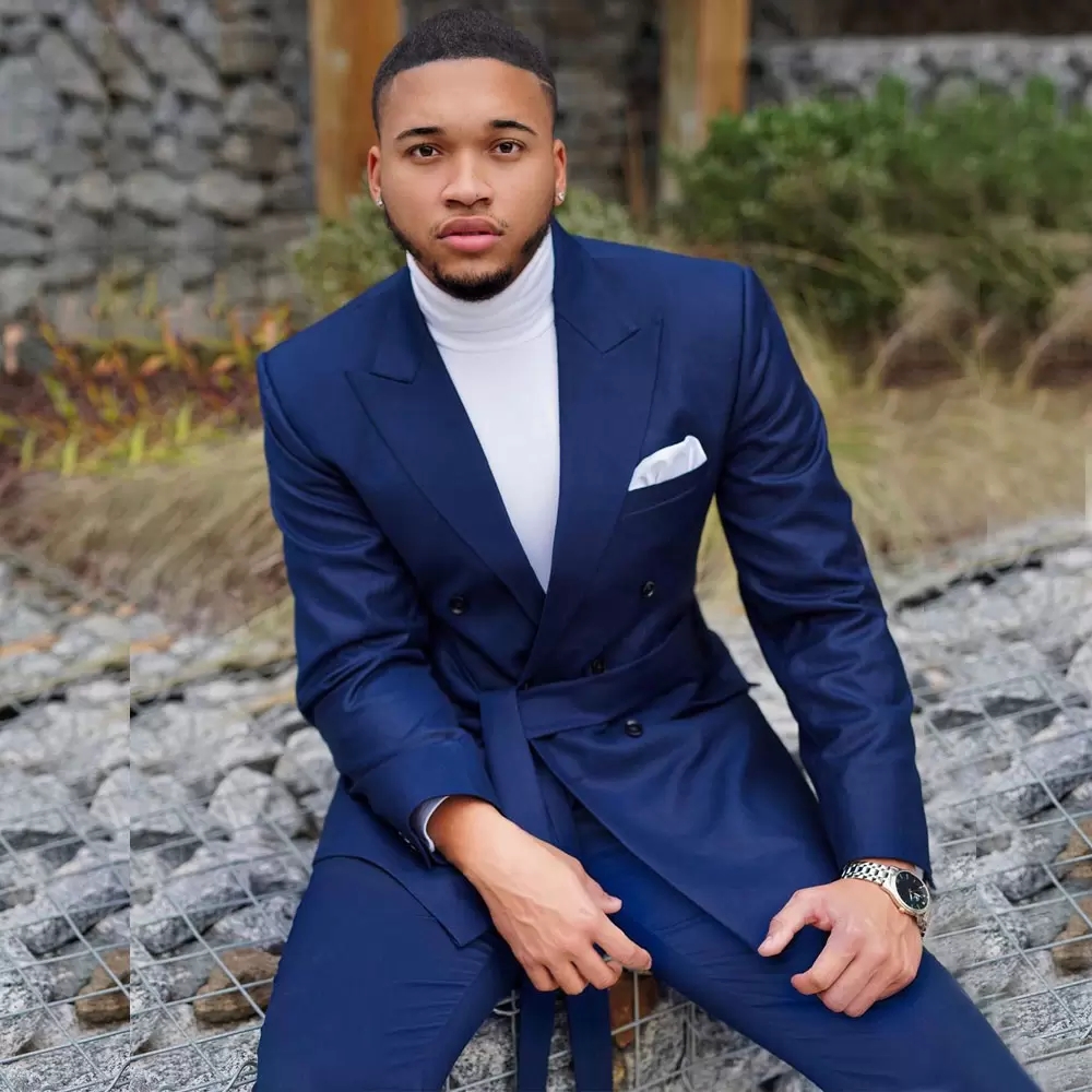 Double Breasted Navy Blue Mens Suits Wedding Groom Tuxedos With Belt Slim Fit Business Wear 2 Pieces Costume Homme Jacket Pants
