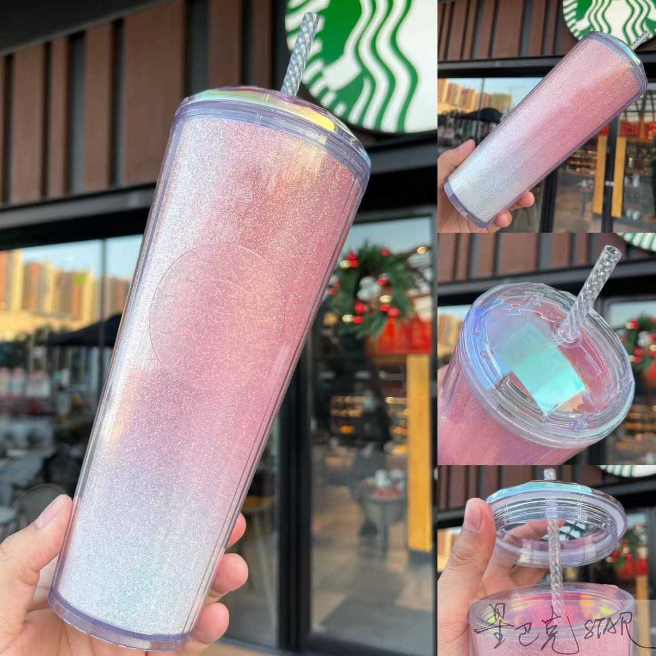 Starbucks new year golden pink cup 710ml shiny gradient plastic straw cup durian coffee cup-image-760326359
