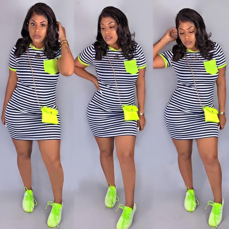 

Party Dresses Casual Women O Neck Bodycon Mini Dress Summer Short Sleeve Striped Ladies Leisure Holiday Package Hip Vestidos, Red