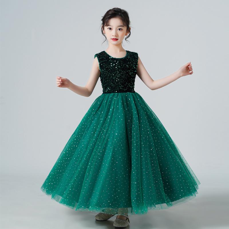 

Girl's Dresses 2022 Summer Solid Color Sequins Vest Princess Long Dress Girl Piano Performance Clothing Flower Wedding, As picture