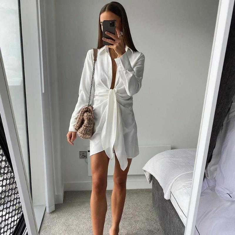 

Casual Dresses 2022 Autumn Women' Dress Solid Sexy Long-Sleeved Mini Female Lace-Up Lapel White Street Wear Women Clothes
