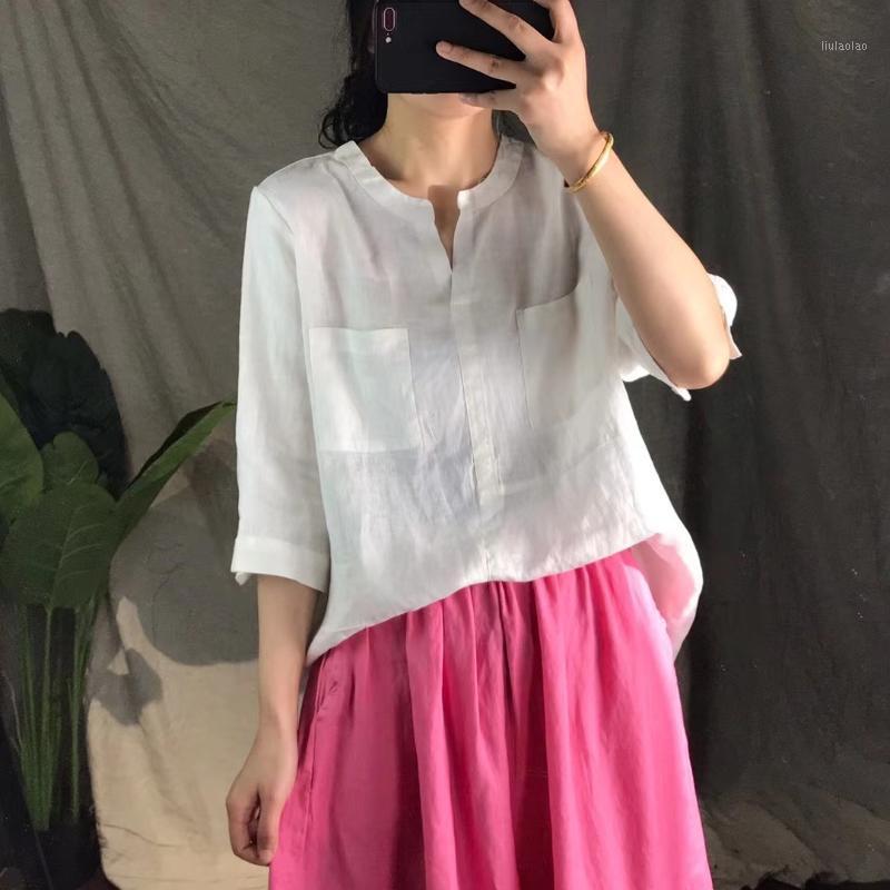 

Women's Blouses & Shirts Women Loose Solid Color V Neck Linen Blouse Ladies Flax Simple Summer Shirt Tops Female 2022 Half Sleeve, Khaki