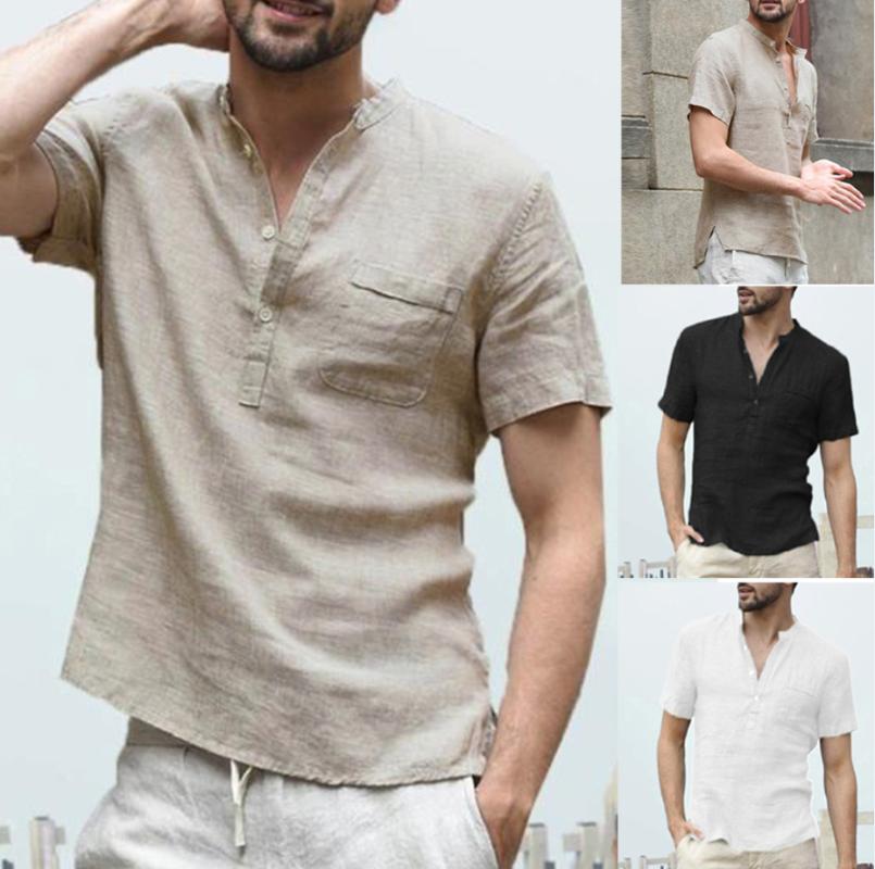 

Men's Polos Men's Summer Linen Short SleevesMen's, Black