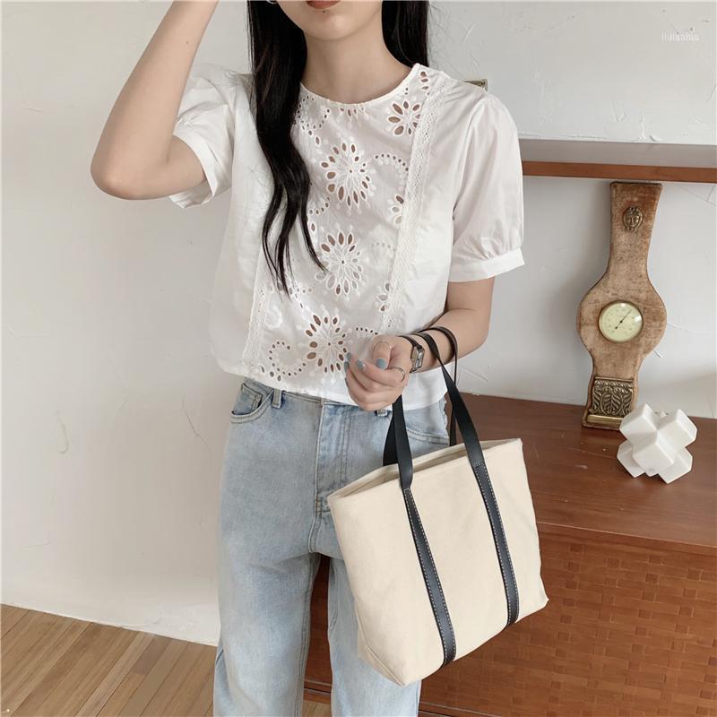 

HziriP 2022 Shirt For Women Fashion Lace Hollow Out Retro Lady Office Blouses O-Neck Elegant High Quality Puff Sleeve Tops Women's & Shirts, White