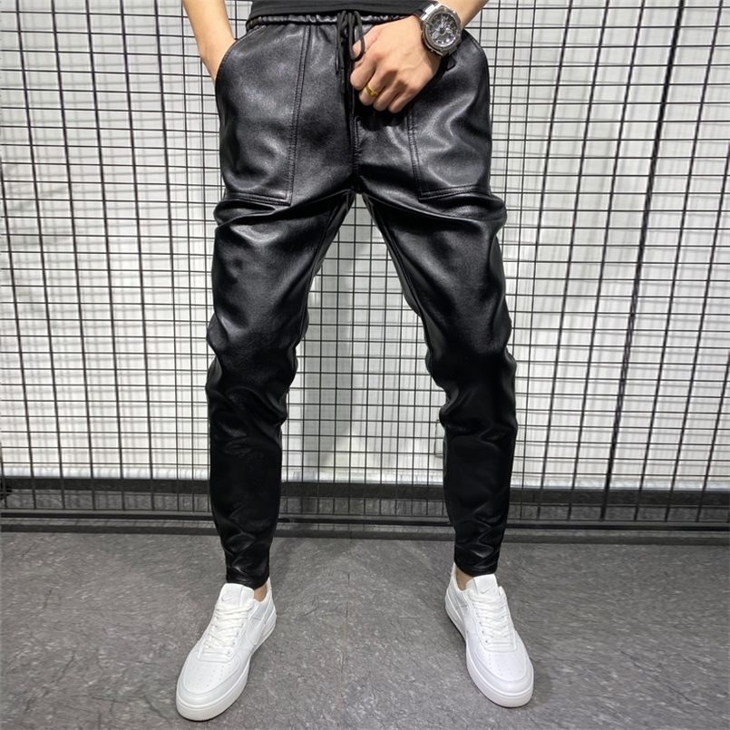 

Winter Thick Warm PU Leather Pants Men Clothing Simple Big Pocket Windproof Casual Motorcycle Trousers Black Plus Size 220720