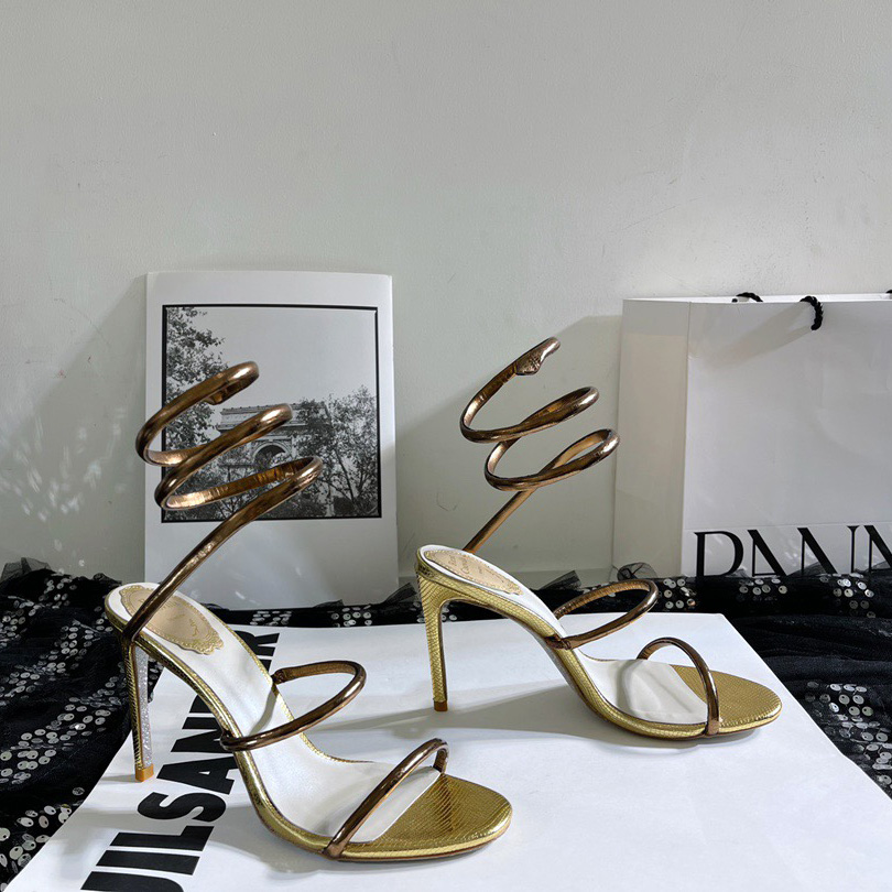 

Rene caovilla Snake Cleo Strass stiletto Heels leather sandals 95mm Evening shoes women high heeled Luxury Designers Ankle Wraparound Dress, Gold