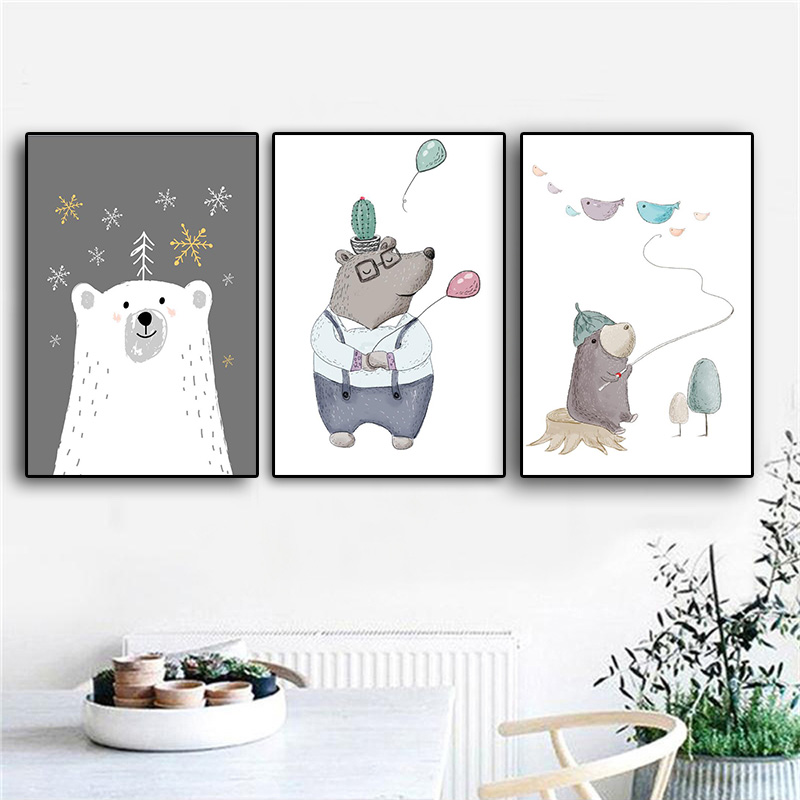 

3Piece Cartoon Animal Bear Minimalist Canvas Painting Nursery Poster Print Scandinavian Modern Wall Picture For Kid Room Decor