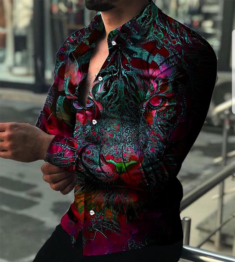 

Men' Casual Shirts Autumn High Quality Fashion Men Clothing Leopard Printing Men' Long Sleeve Shirt Prom Party Cardigan Tops European, Orange