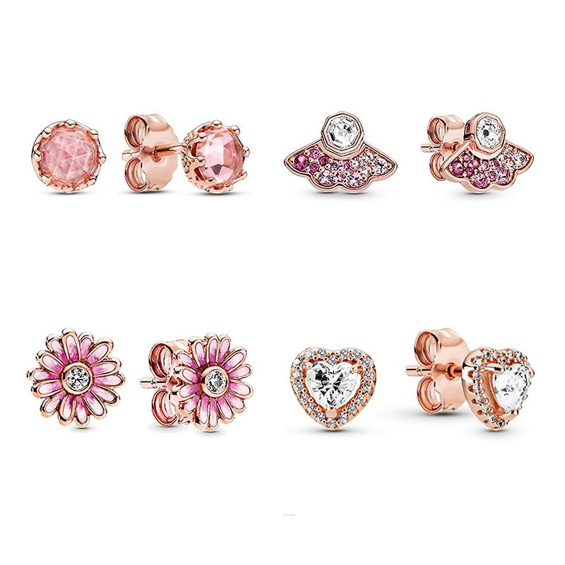 

Genuine 925 Silver Pink Diamond Stud Earrings Luxury Designer CZ Rose Gold Plated Jewelry, Pandora Sparkling Heart Earrings with Original Box