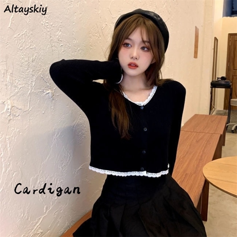

Black Cardigan Women Chic Vintage Fall Slim College Girls Cropped Knitwear Allmatch Ulzzang Simple Stylish Female Sweater Basic 220813