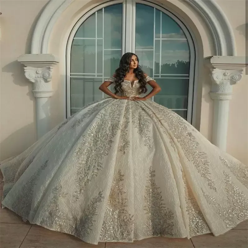 Luxury Dubai Arabia Ball Gown Wedding Dresses Off Shoulder Beads Lace Appliqued Plus Size Custom Made Bridal Gowns Backless Robe de mariée VOG343-image-760745795