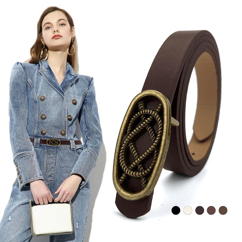

Belts Design Ladies Skinny Thin Bronze Oval Snaps Casual Luxury Metal Vintage Style Jeans Dress, Black