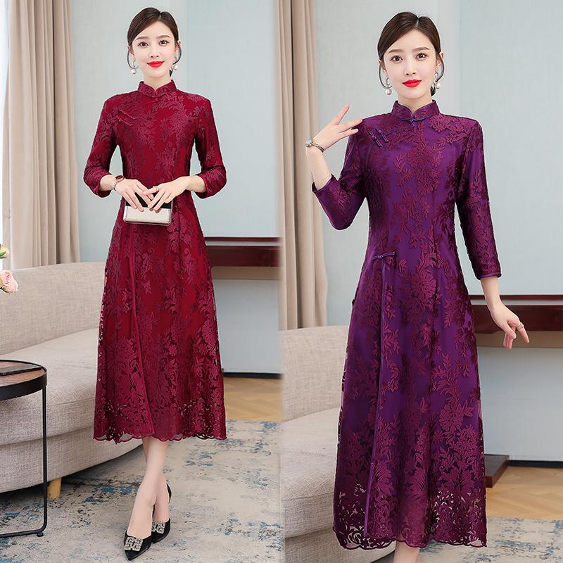 

Mother Wedding Cheongsam Dress Autumn Small Middle-aged Big Size Noble Young Stand-up Collar Embroidered Lace Retro, Purple