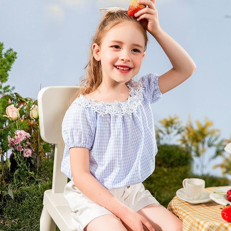 

T-shirts Summer Lace Light T Shirts For Girls Plaid Print Short Sleeve Thin Tops 3 - 12 Years Kids Fashion Casual Tshirt School UniformT-shi, Blue